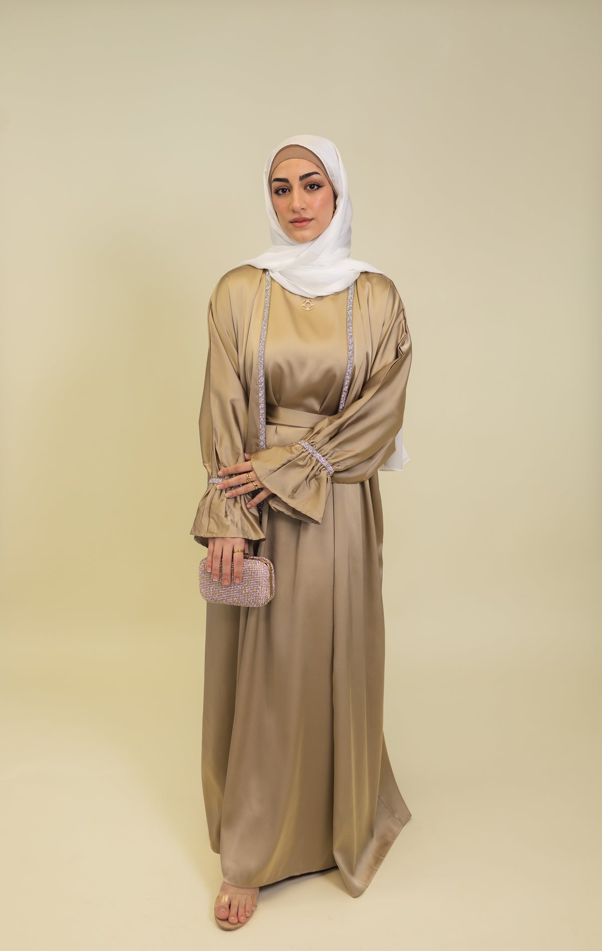 Jasmin Open Abaya Set With Inner Dress - Khaki