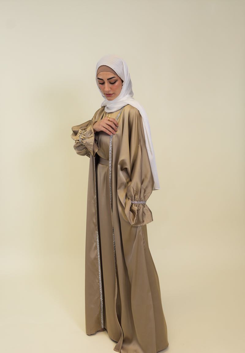 Jasmin Open Abaya Set With Inner Dress - Khaki