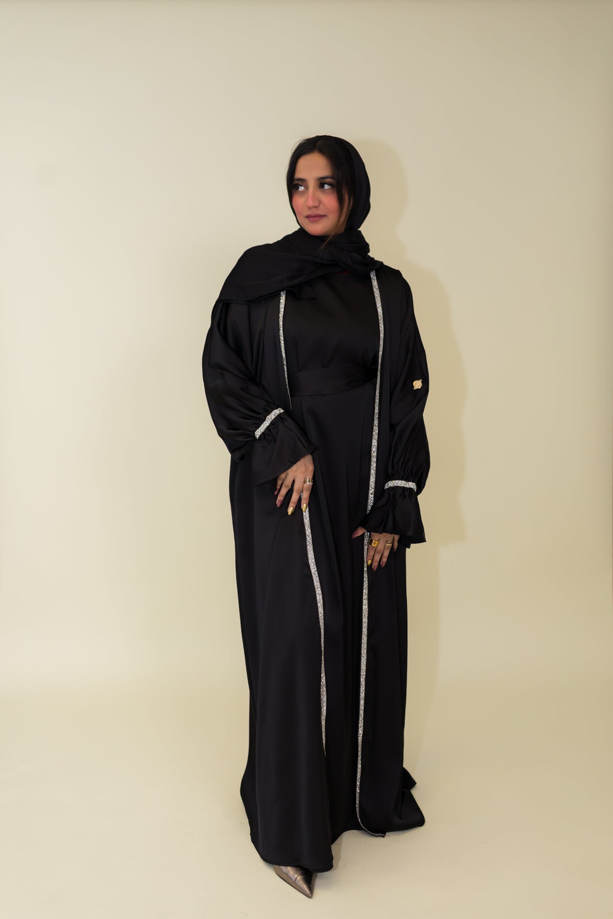 Jasmin Open Abaya Set With Inner Dress - Noir