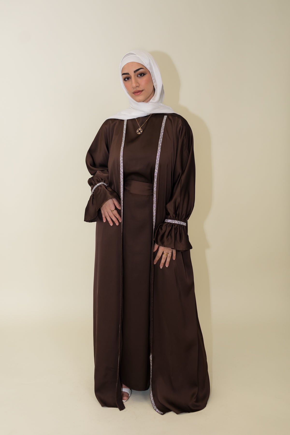 Jasmin Open Abaya Set With Inner Dress - Cocoa