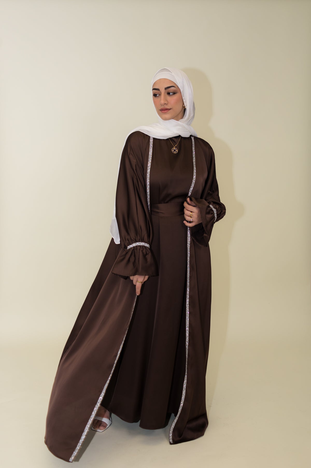 Jasmin Open Abaya Set With Inner Dress - Cocoa