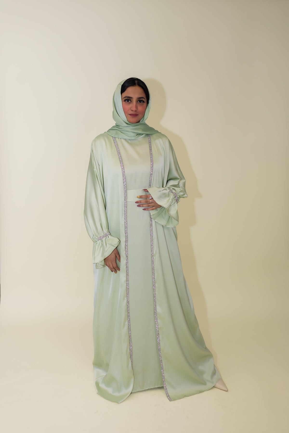 Jasmin Open Abaya Set With Inner Dress - Mint