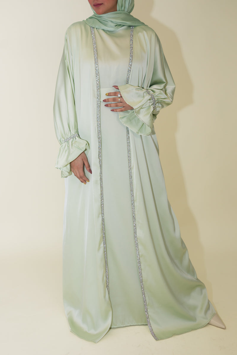 Jasmin Open Abaya Set With Inner Dress - Mint