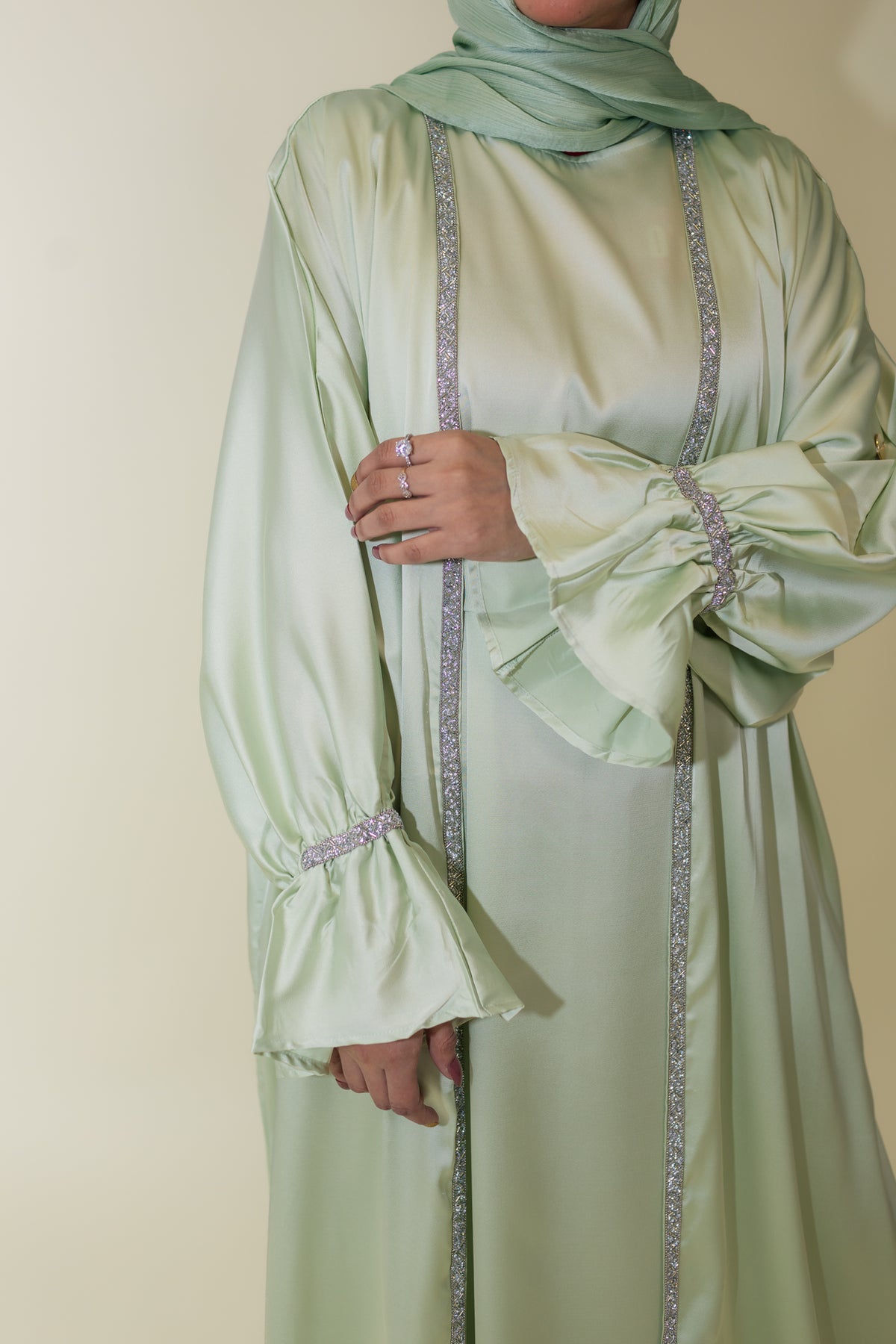 Jasmin Open Abaya Set With Inner Dress - Mint