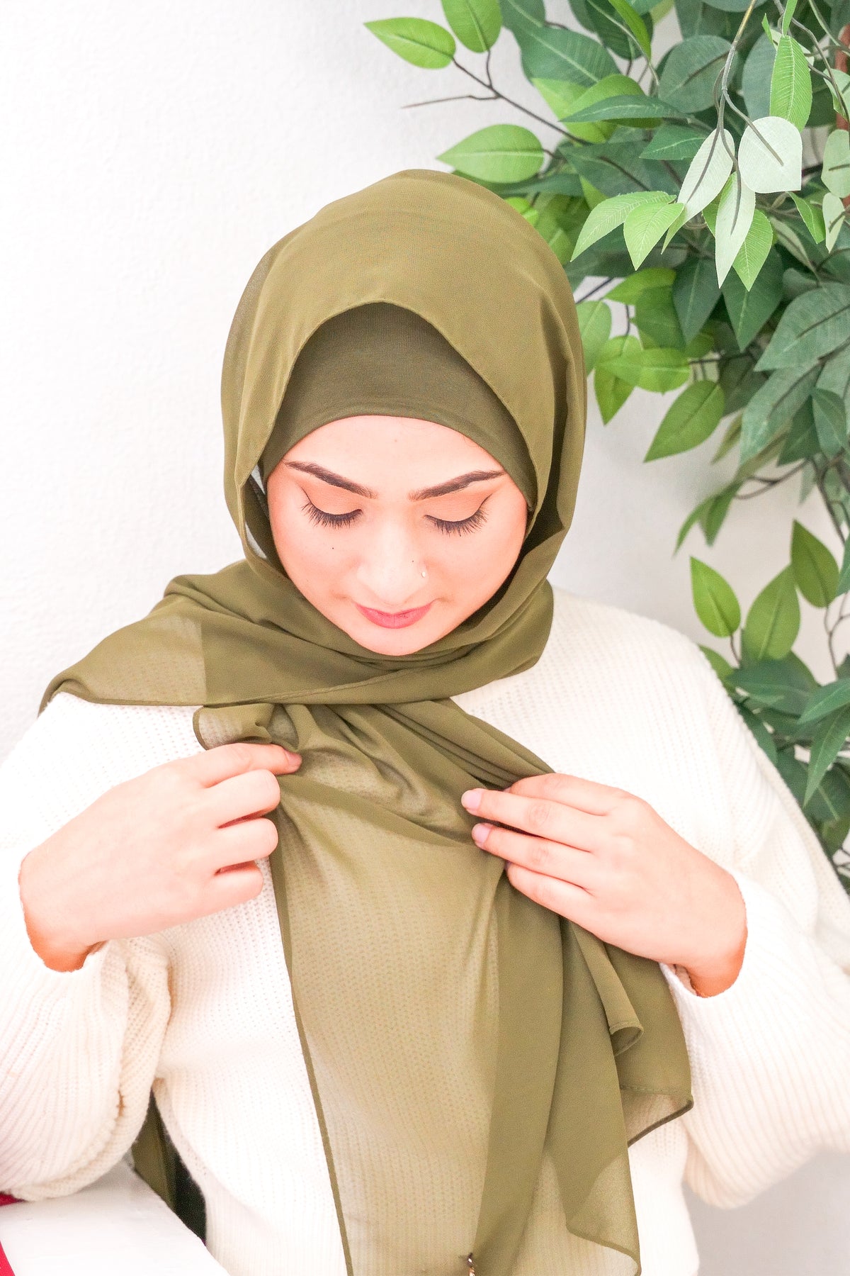 Chiffon Hijab Set With Matching Hijab Cap - olive green