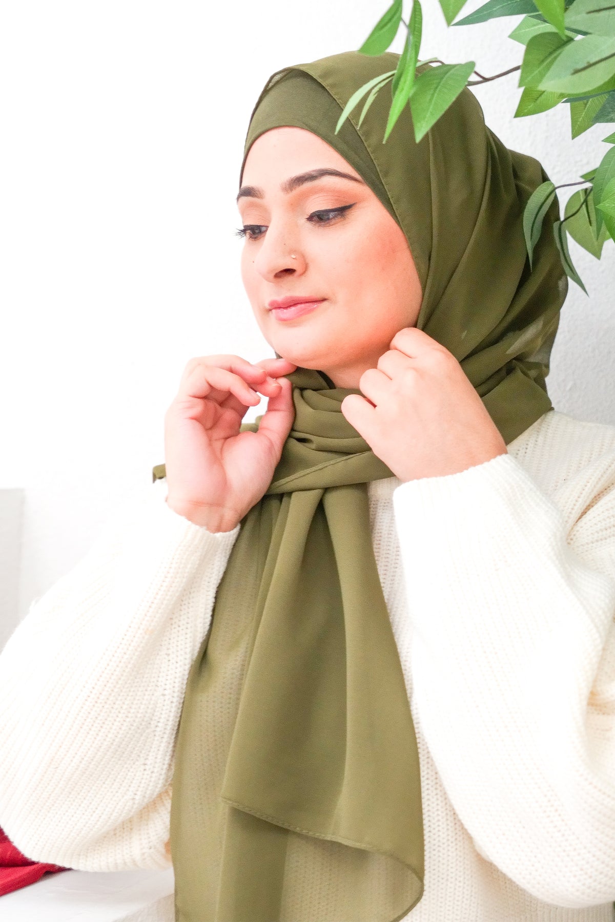 Chiffon Hijab Set With Matching Hijab Cap - olive green