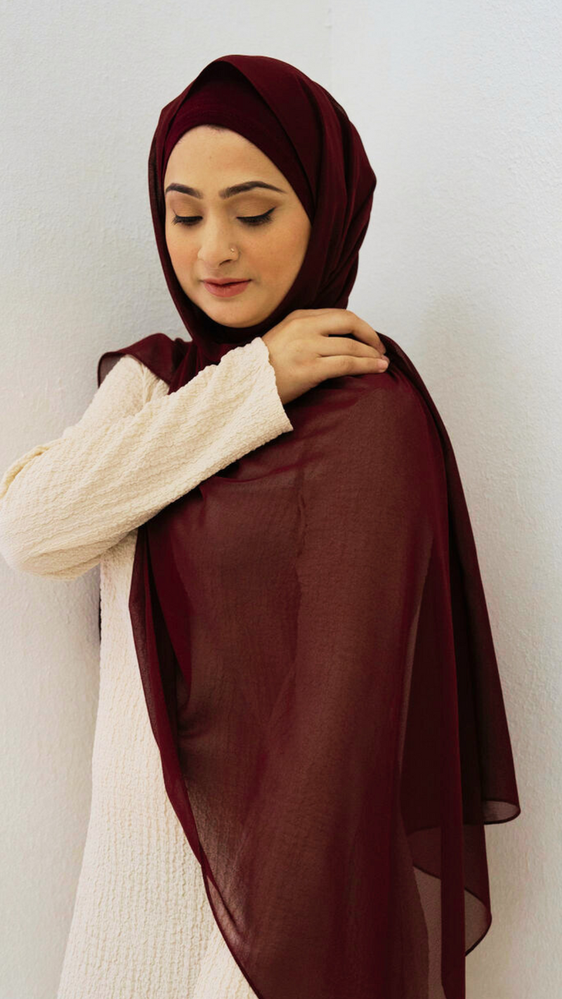 Chiffon Hijab Set With Matching Hijab Cap - maroon