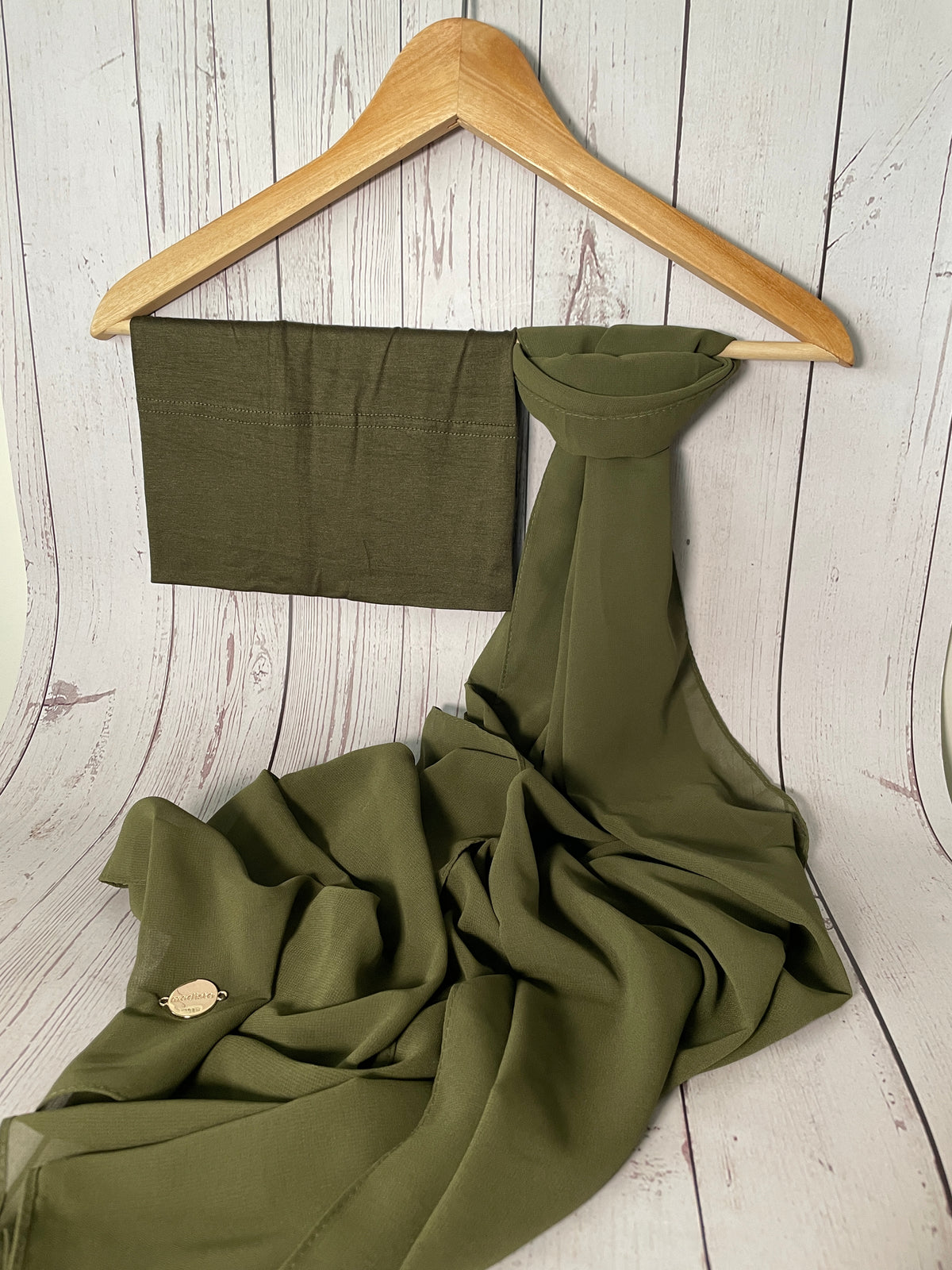 Chiffon Hijab Set With Matching Hijab Cap - olive green