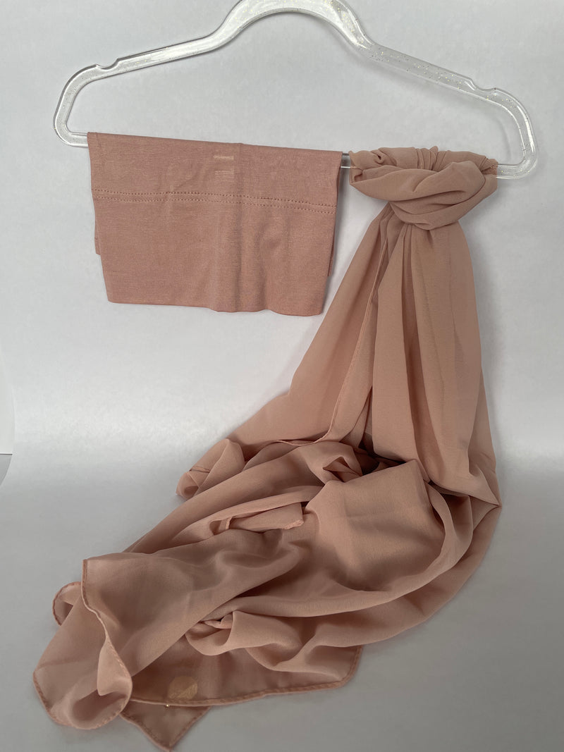 Chiffon Hijab Set With Matching Hijab Cap - Peach Blush