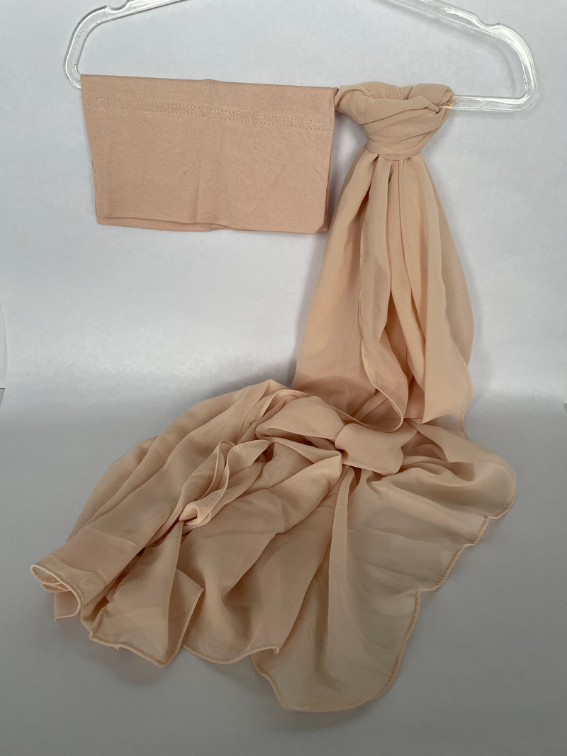 Chiffon Hijab Set With Matching Hijab Cap - Beige