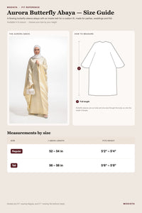 Aurora butterfly abaya size guide: Regular and Tall lengths by height