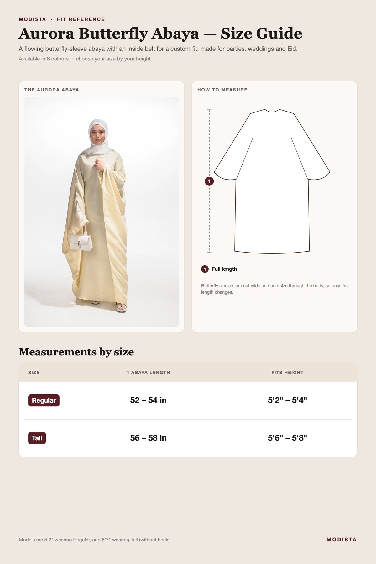 Aurora butterfly abaya size guide: Regular and Tall lengths by height