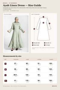 Ayah linen dress size guide with shoulder, bust, sleeve and length for sizes S to XL
