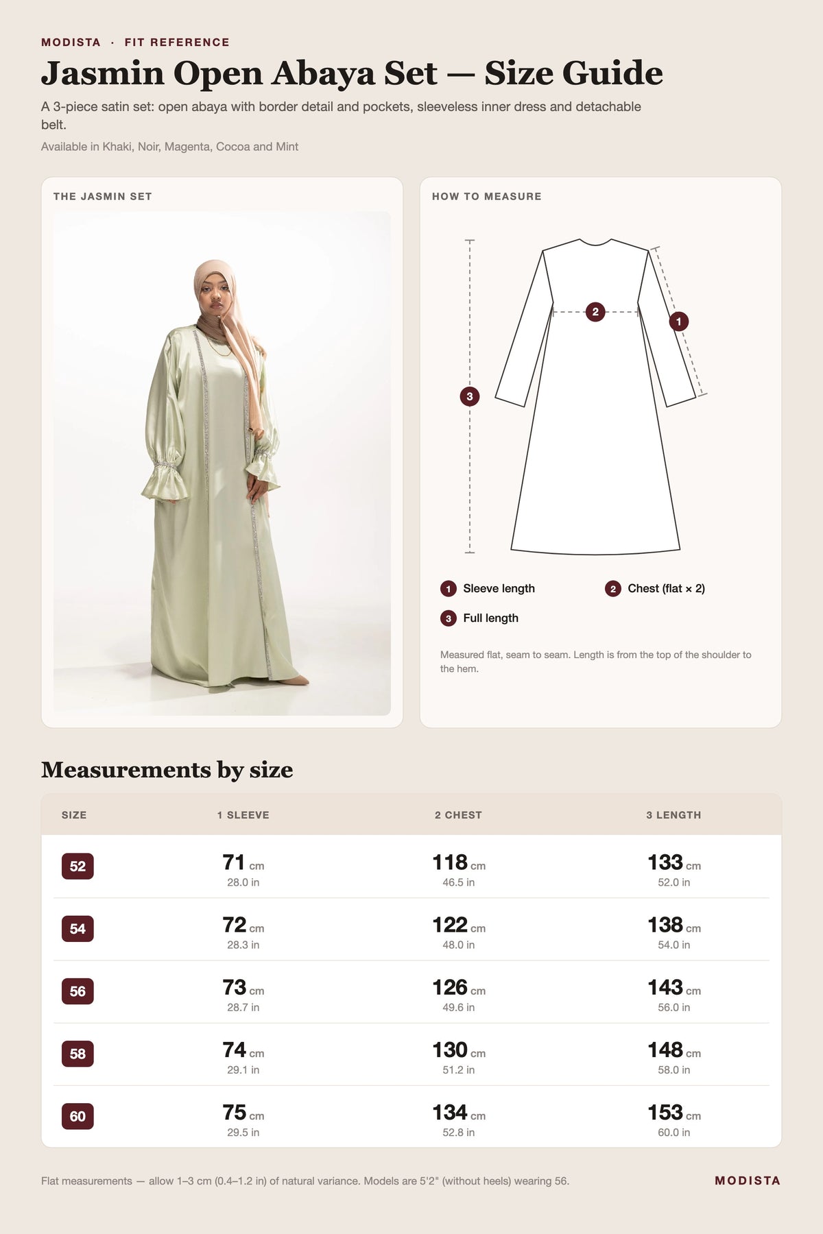 Jasmin open abaya set size guide with sleeve, chest and length for sizes 52 to 60