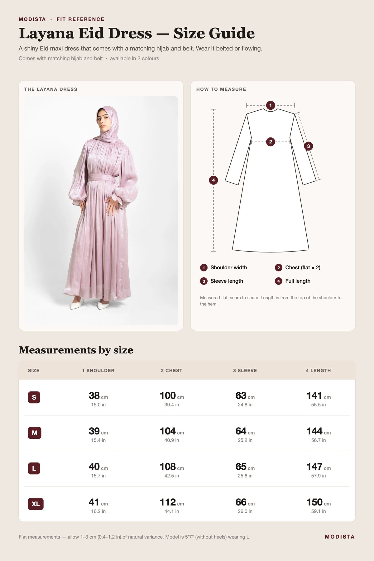 Layana Eid dress size guide with shoulder, chest, sleeve and length for sizes S to XL