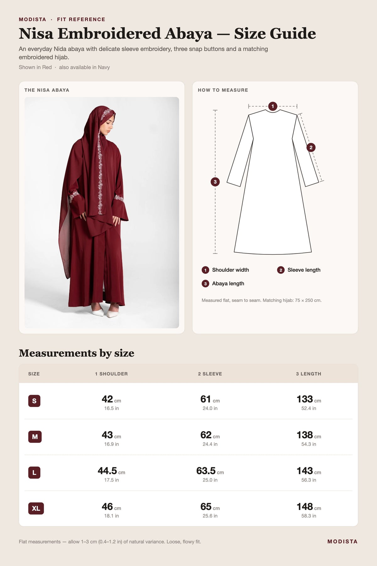Nisa embroidered abaya size guide with shoulder, sleeve and length measurements for sizes S to XL