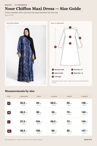 Noor chiffon maxi dress size guide with shoulder, bust, sleeve, waist and length for sizes S to XL