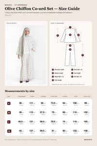 Olive chiffon co-ord set size guide for top and pants, sizes S to XL