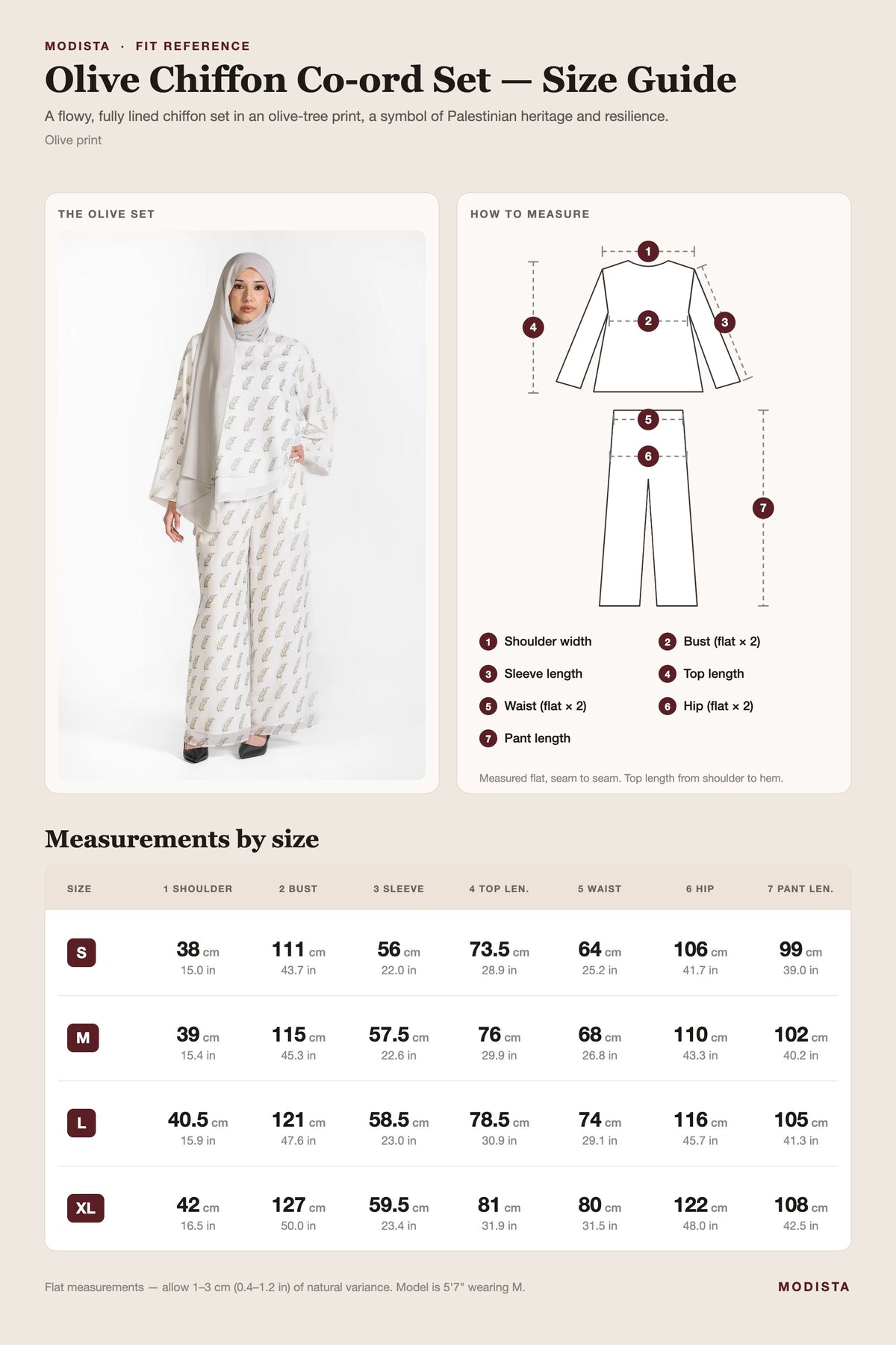 Olive chiffon co-ord set size guide for top and pants, sizes S to XL