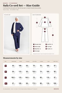 Safa lyocell co-ord set size guide for top and pants, sizes S to XL