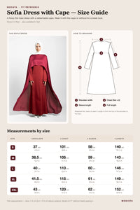 Sofia dress with cape size guide with shoulder, chest, sleeve and length for sizes S to XXL