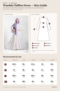 Wardah chiffon dress size guide with shoulder, bust, sleeve, waist and length for sizes S to XL